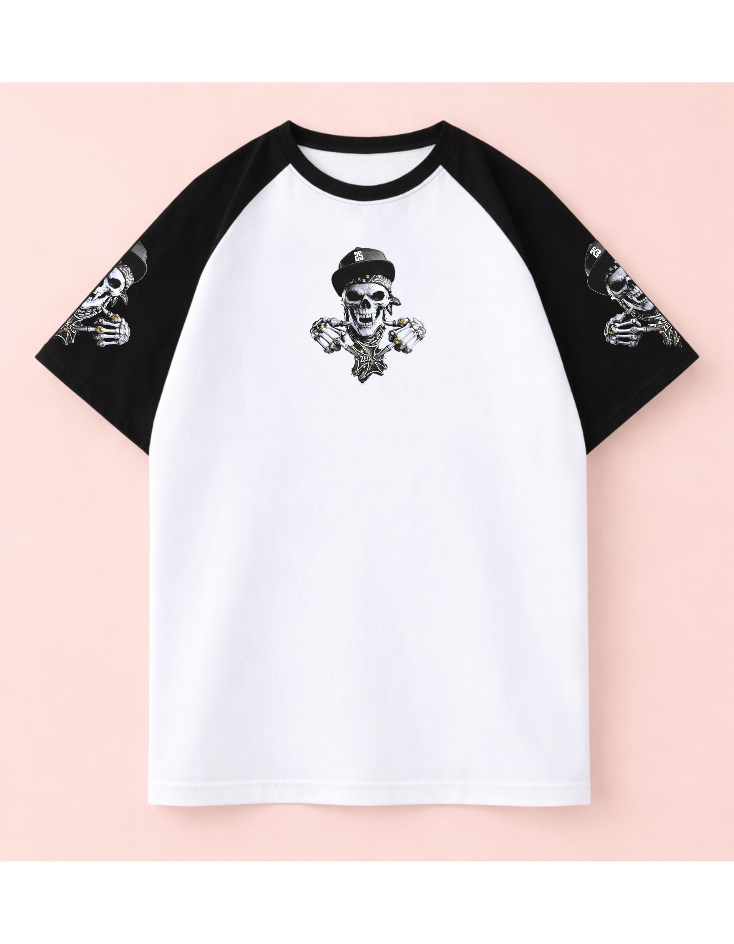 Grim Rider Oversized Raglan Tee – White & Black